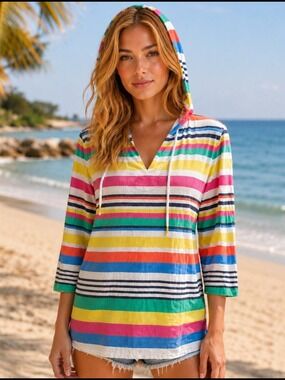 Westbound from Macys Rainbow Stripe Beach Hoodie Top Medium
